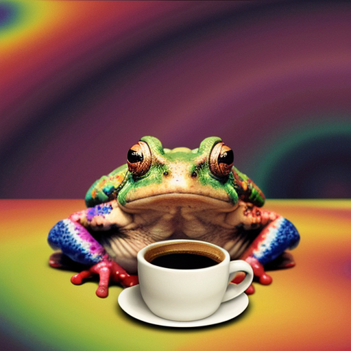 A hillarious, funny boho toad with some hippie colored coffee cups. Psychedelic decorated background, hyperrealistic. Close-up view.