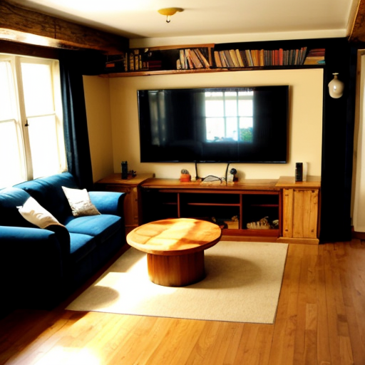 My living room is spacious and has lots of natural light. It has a large L-shaped sofa, a bookcase and some shelves where I keep my various Lego sets. In the centre there is a small coffee table and in front of the sofa there is a huge screen television.
Behind the sofa, I have an amusement park for my cats with a huge scratching post, some tunnels and platforms with stairs where they can walk.