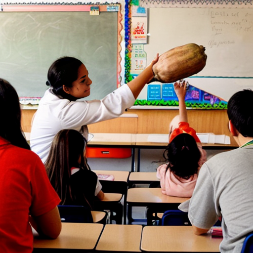 Please create a drawing of a teacher in a classroom holding a yam and the students are pointing, watching, and interacting. Please make the characters pacific islanders