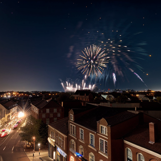 view from a window on a small town at night, the clock tower at the right side and fireworks on the sky