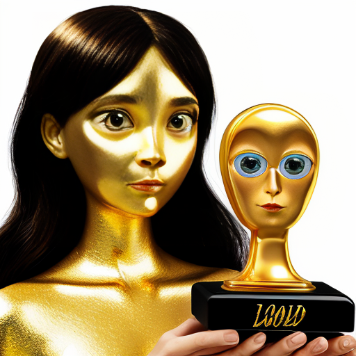 the emotion proud one person gold holding trophy Pixar cartoon style gold skin big eyes happy pretty  gold face