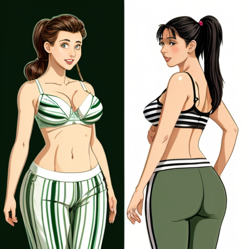 90's disney's 2d aladdin style comic black background and panels of 
Panel 1 a curvy figure two headed woman with brown hair and black striped haired ponytail and with green skin barefoot with green and white striped harem pants and pink and white striped bra marching towards viewer. 
Panel 2 then the curvy figure two headed woman with brown hair  black striped haired ponytail and with green skin barefoot with green and white striped harem pants and pink and white striped bra both looked at each other while marching towards.
Panel 3 then curvy figure two headed woman with brown black striped haired ponytail and with green skin barefoot with green and white striped harem pants and pink and white striped bra looked at viewer. 
Panel 4 then the curvy figure two headed woman with  brown hair and l black striped haired ponytail and with green skin barefoot with green and white striped harem pants and pink and white striped bra kissed the viewer while marching. 
Panel 5 then the curvy figure two headed woman with brown hair black striped haired ponytail and with green skin barefoot with green and white striped harem pants and pink and white striped bra turns around and turns around and revealing to the viewer a yellow triangle shaped stitch patch was on the middle of her butt of her green and white striped harem pants. 
Panel 6 then curvy figure two headed woman with brown hair and black striped haired ponytail and with green skin barefoot with green and white striped harem pants and pink and white striped bra shakes her butt with the yellow triangle shaped Stitch patch on her big butt.   