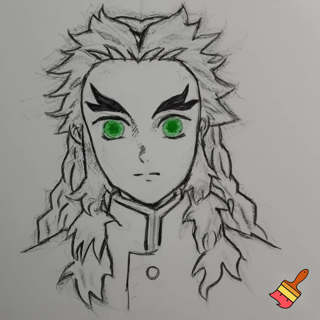 original demon slayer character, male, long hair, green eyes, sketched