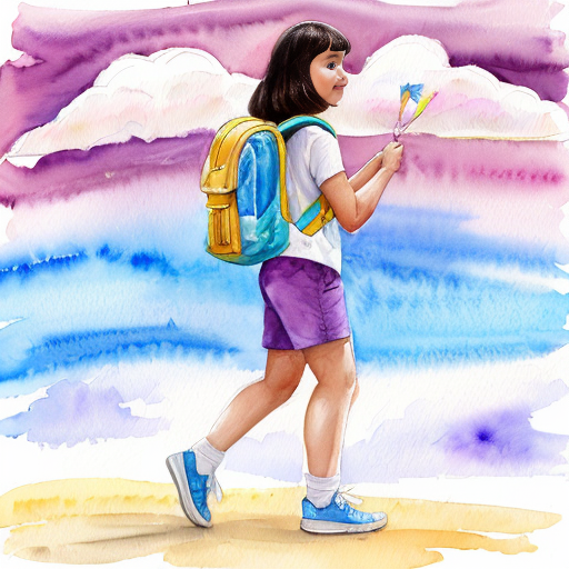 Little Dora purple backpack pink t-shirt orange short pants yellow socks white sneakers on a sitting big cloud in the sky from Dora the Explorer. migration