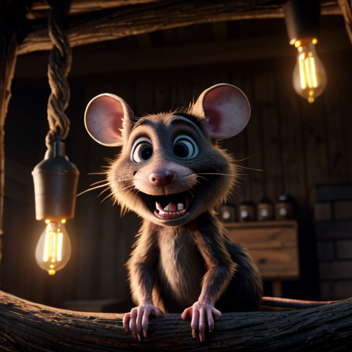 Highly detailed Pixar-style 3D render of Remy the rat from Ratatouille, standing excitedly on a thin twisted vine branch in a dark rustic wooden interior. Remy has big expressive eyes, wide grinning mouth with teeth visible, brown fur, wearing a small khaki chef outfit. He gives a cheerful thumbs-up with one paw while gripping the branch with the other. Surrounding him are intricate networks of organic vine branches and ropes glowing with blue magical sparkles and floating light particles. A hanging lantern nearby emits warm golden light, casting dramatic shadows and rim lighting on his fur and vines. Cinematic atmosphere, soft glow, high detail on textures, fur, sparks, and wood, dark moody background, 8k resolution.