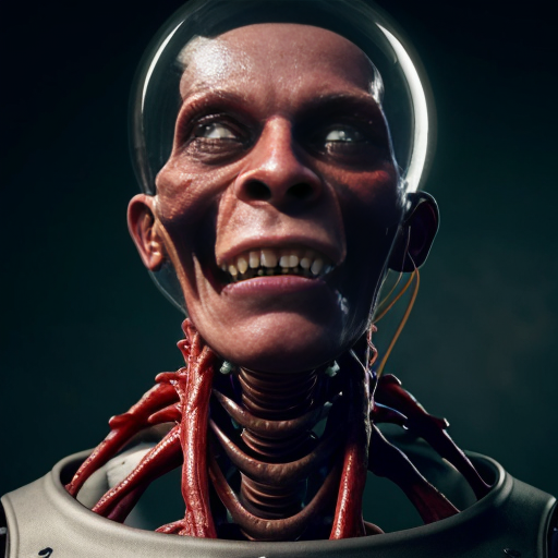 A 9 :16 aspect ratio pic of Photorealistic close-up portrait of a grotesque, skinless biomechanical face made of raw, glistening red muscle, veins, and sinew. Wide staring eyes and a gaping mouth filled with stringy fleshy fibers. The head is encased in a clear glass dome helmet with metallic tubes connecting to the jaw and neck. The creature wears a blue garment at the shoulders. Cinematic lighting, wet textures, highly detailed sci-fi body horror, 8k resolution.