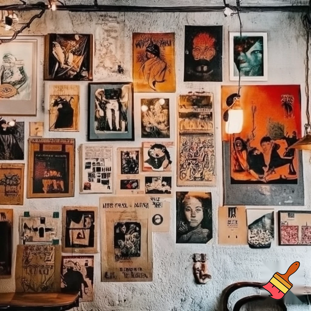 cute cafe wall with posters on it