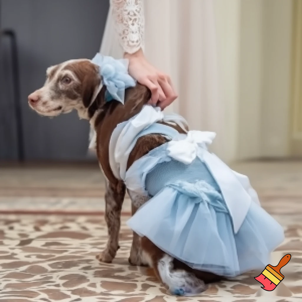 
a dog steals the bride's dress at the wedding