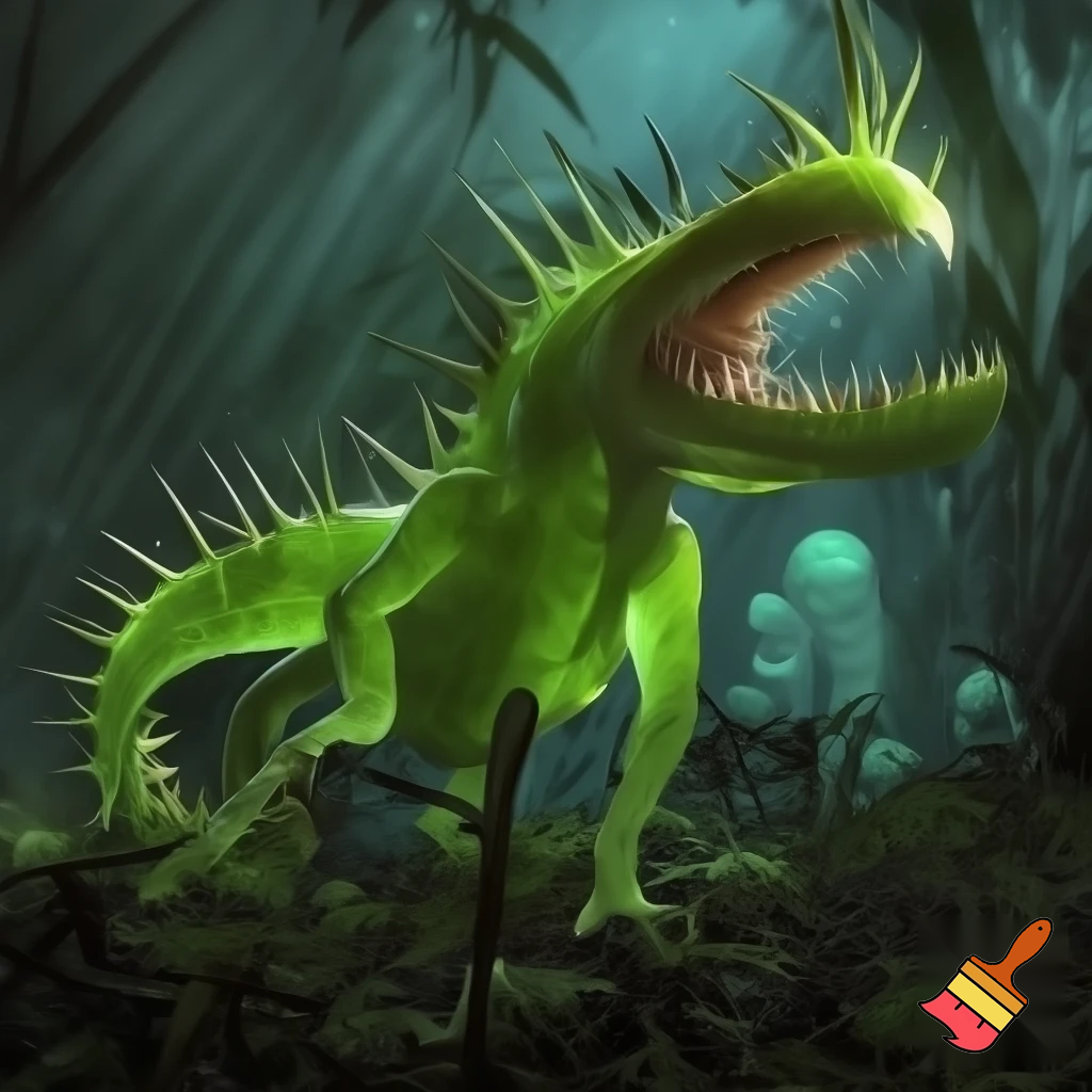 a animal that has green skin and has no eyes
and has a tail with spike on the tail and body and looks like a fly trap and lives in the rainforest has a big mouth and has shark teeth and has legs
and with no eyes and walks on all four legs