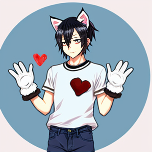 anime teenage boy with red eyes, black hair, white cat ears, a white shirt with a red love heart in the top right hand side, blue jeans, black gloves with one love heart per glove and a brown cat tail with a white stripe near the tip.
