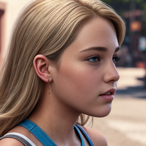 
most beautiful teen girl, high saturation,, colorful, tmodelling, blonde, full body realistic face, sideview, 

