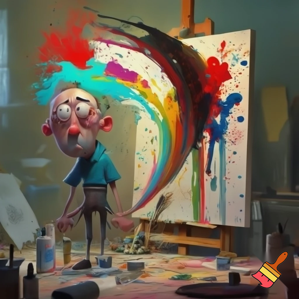 Create a random funny guy painting on a canvas but it gone horribly wrong but he is still human
