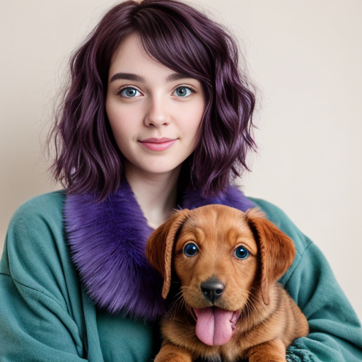 a girl with a whimsical eye and luscious purple hair baggy old green clothes and a puppy with blue fur