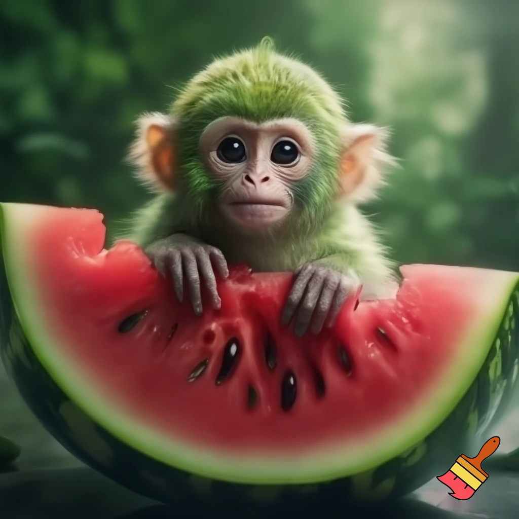 Green realistic monkey inside a watermelon