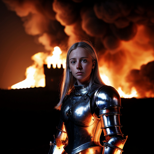 young, tall, white-haired woman in armor stands in front of a burning castle into which meteorites are falling.