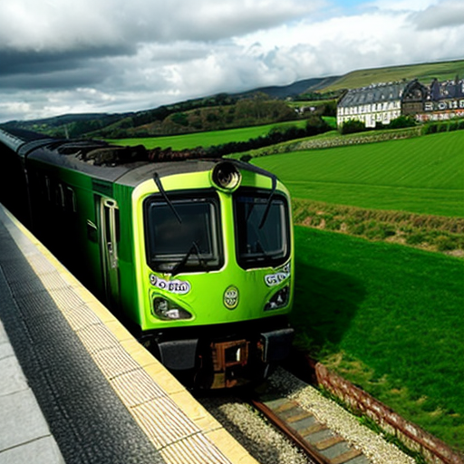 a train traveling with greenfields in background with irish flag
