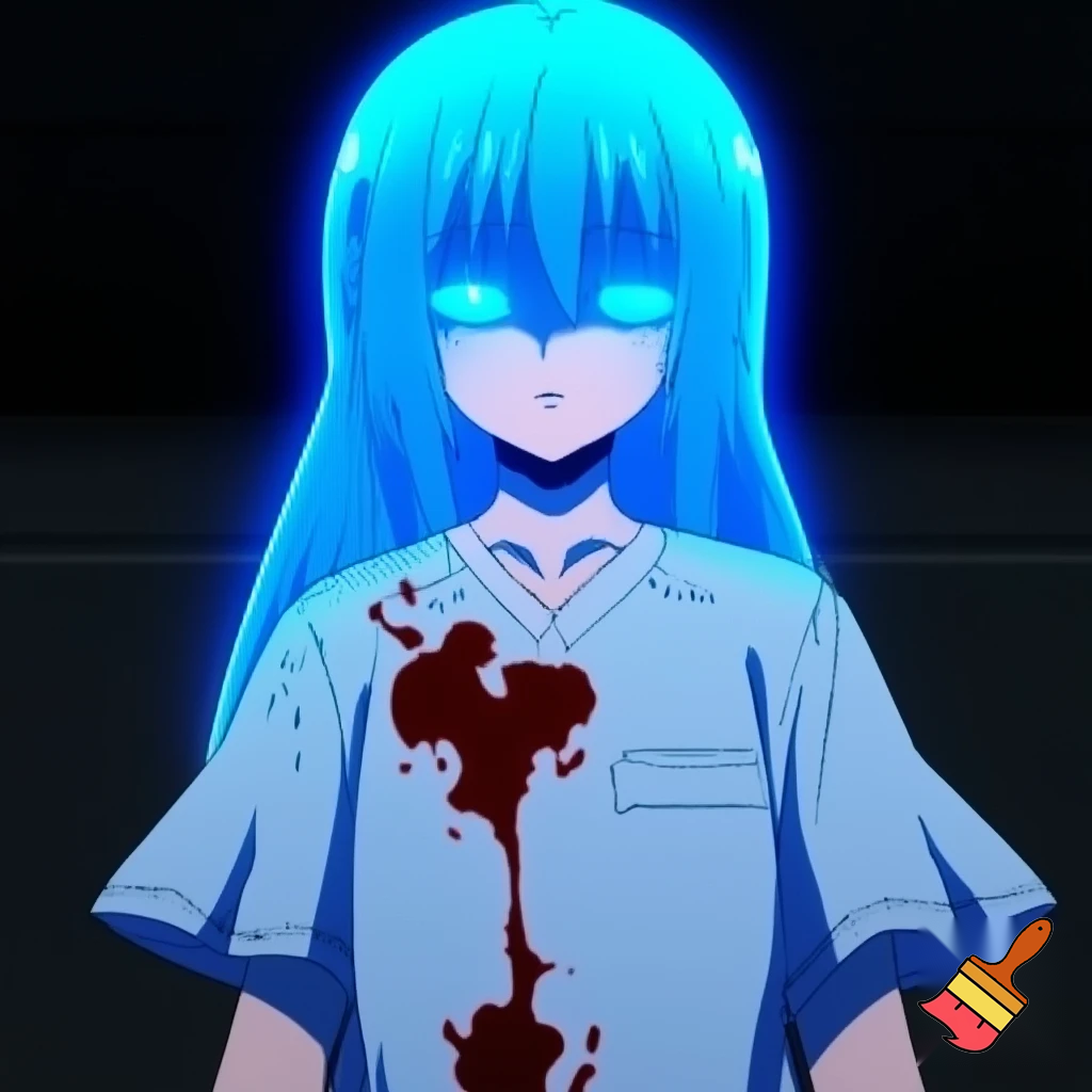 An anime girl with glowing blue hair and glowing blue eyes in a bloody hospital gown