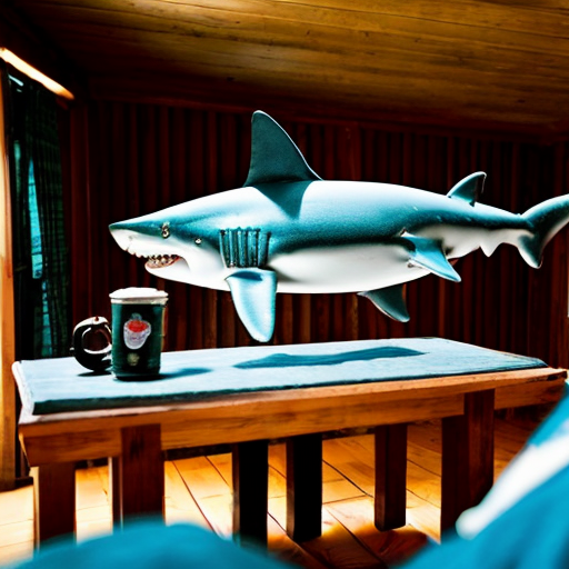 Make a shark with blue jordans in a big wood cabin called "The Tung tung Inn"