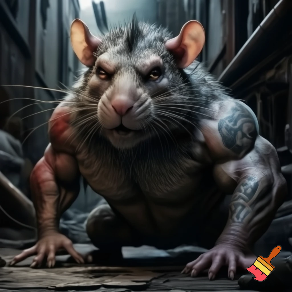 strong tough rat with a evil frowning face and tattoo on its arm
