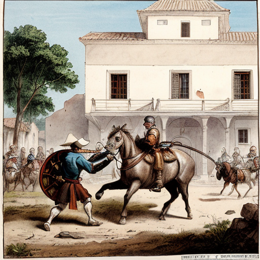 Illustration of a scene from Don Quixote, Scene 7.
A muleteer (arriero) punching Don Quixote.
Don Quixote falling to the ground, armor damaged.
Sancho Panza nearby, shocked and worried.
Old Spanish inn in the background.
Action scene but educational, not violent.
Classic book illustration style, 17th century Spain.
Soft colors, hand-drawn, clear composition.



