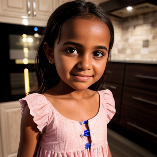 sudanese little girl at night dress, very beautiful and eager, on the kitchen, close up