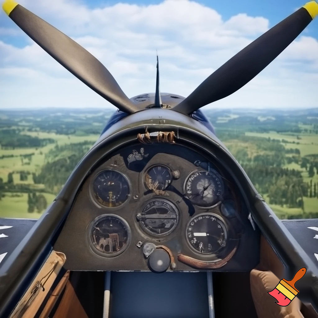 Messerschmitt instrument panel in front of a real messerschmitt bf 109 G6 with 3 propeller blads. Backround summer landscape somewhere europe during ww2