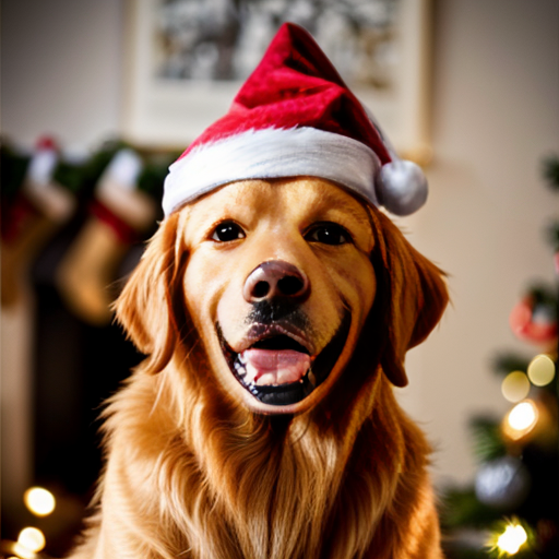 een golden retriever bij de kerstboom met een kerstmuts op