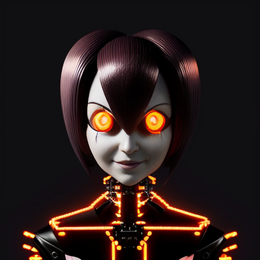 Generate a unique cybernetic character in the style of Hazbin Hotel. The character has a slender, elongated, slightly puppet-like humanoid body, fully composed of interwoven black wires, metallic components, and softly glowing diodes. The arms and legs are jointed like a sophisticated automaton, with subtle gaps revealing internal wiring. The character maintains a proud, commanding posture, radiating cold intelligence and absolute control.

The head is a monitor with softly glowing edges, displaying a cunning, intelligent, and slightly sinister smile (avoid silly or overly cute expressions). The dominant eye on the monitor is bright red with black hypnotic stripes and a small spark, while other eyes and body lights glow softly and diffusely.

Color palette: aqua, black, and dark red/burgundy, with occasional subtle violet highlights on metal plates and body components.

The background is muted dark red, subtle and non-distracting, keeping full focus on the character.

Style: recognizable Hazbin Hotel aesthetic with crisp outlines, saturated colors, and smooth gradients, merged with a dark, majestic Sci-Fi vibe.

Strict constraints: maintain the original pose and humanoid proportions. Light sources limited to the monitor head and glowing body lines for high contrast.