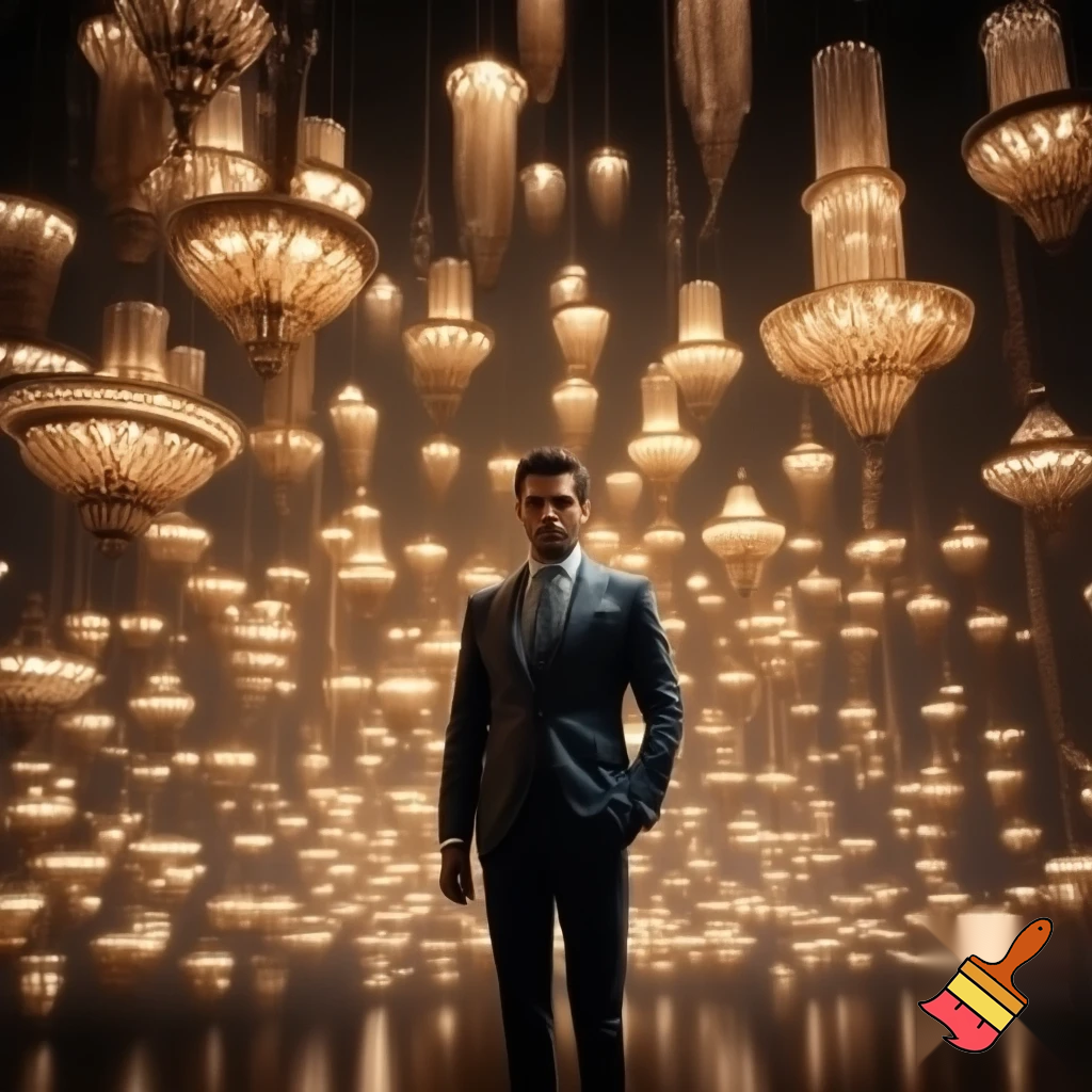 "An image of a handsome, stylish man without a tie, standing in the middle of a large room. Surrounding him are numerous bronze and crystal chandeliers, each shining softly with a warm glow. The chandeliers come in various shapes and sizes, filling the space with an elegant, luxurious atmosphere. The man stands calmly and confidently, looking both modern and sophisticated, amidst the shimmering lights."