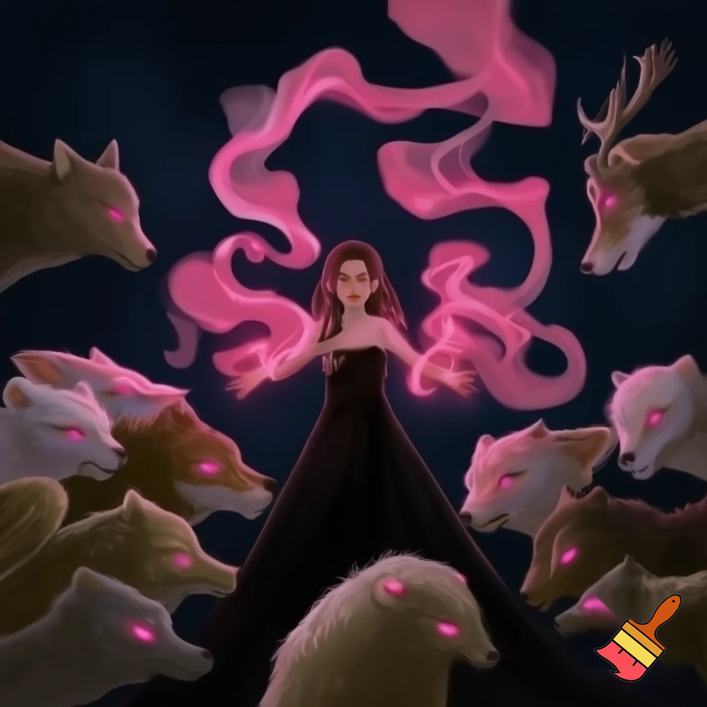 girl with her hands held out in front of her, pink smoke spilling from her hands, surrounded by bowing animals, all with pink glowing eyes, girl is in black long dress
