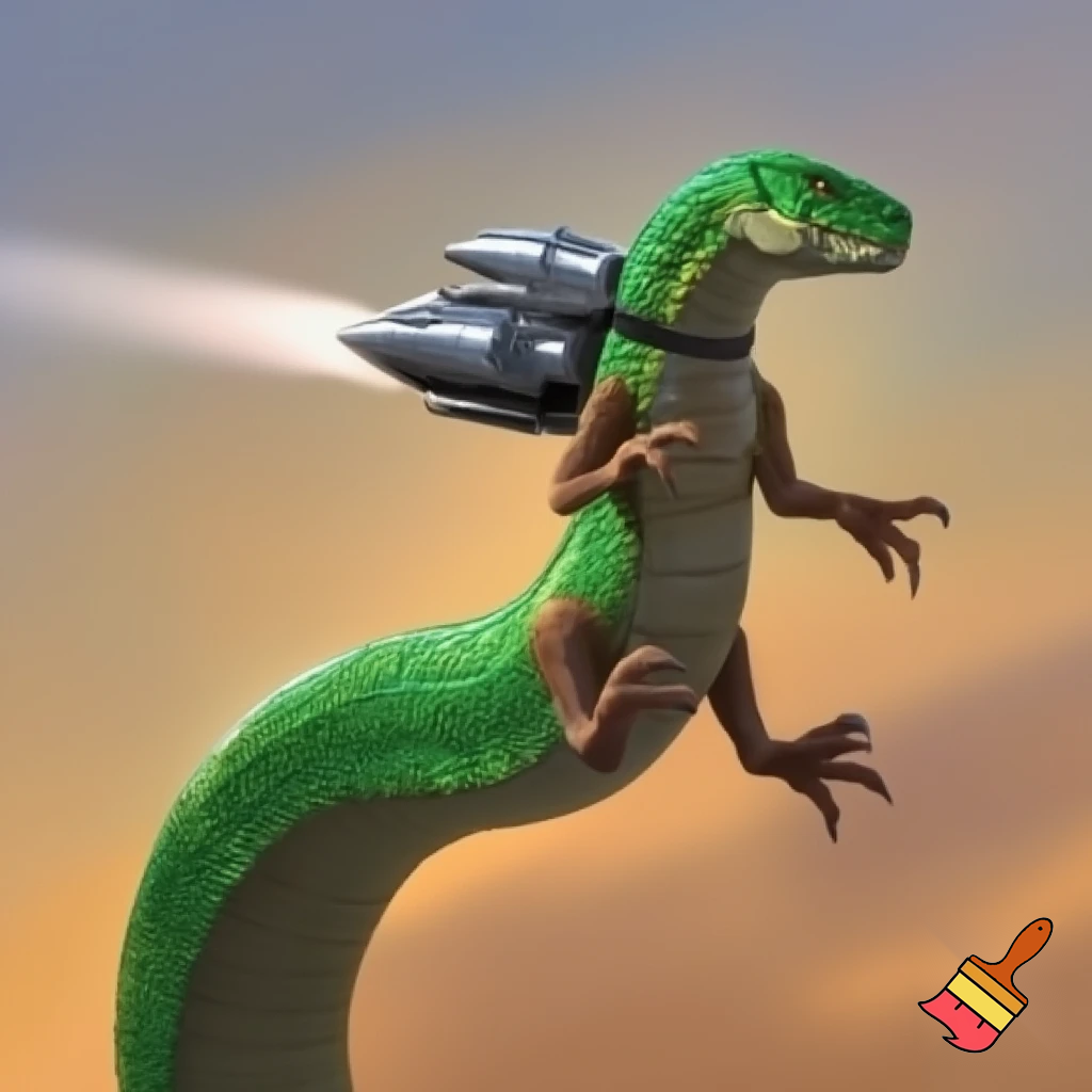 A snake with t-Rex arms and legs with a jetpack