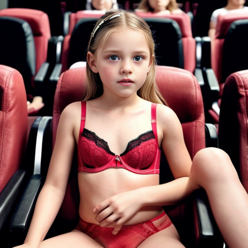 Genera la imagen de 10 niñas rubias de 10 años vestidas con lenceria roja y negra y rosa y blanca ajustada, sentadas cada una acompañada de su padre en una sala de cine