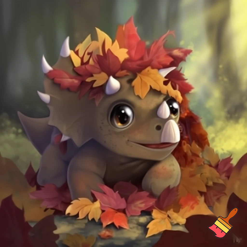 Draw a cute baby triceratops In the wild covering his head in a pile of leaves 