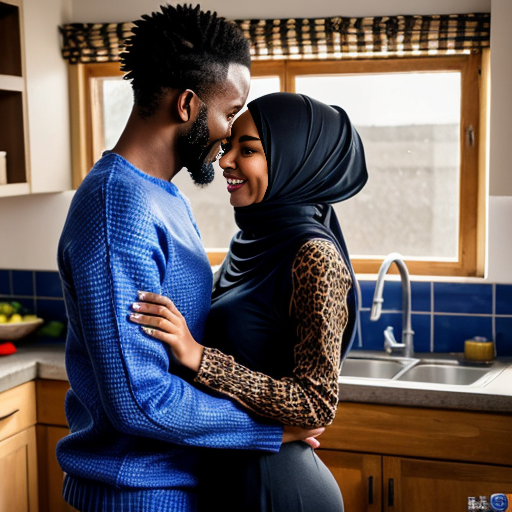 scene vraie, photo realiste de femme arabe, ronde, en hijab, longue lace-up robe leopard, talons à aiguille, bas filets de peche, avec son amant homme africain noir en pull bleu la touche sensuellement, son conjont arabe, les admirent à la cusine