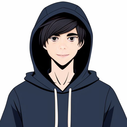  anime teenage boy wearing a dark blue hooded jumper with the hood up and his eyes are bright purple
