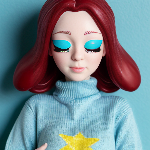 a red gachapon with a dark red rim. Her eyes are half-closed with dark red eyelids and two eyelashes on each of the lower lids. The upper half of her head is a translucent, pale blue lid that can open up. She wears a cyan sweater with a darker neckline and a yellow star on the chest. The sleeves are long and oversized, covering her hands entirely. She has dark red legs and red feet