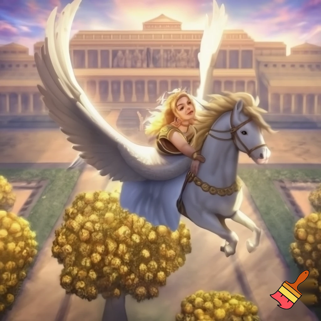 Can you make a blonde woman wearing ancient Greek clothes ride on Pegasus over a courtyard-styled garden with a tree in the middle of it that has golden apples and the palaces of the twelve Olympians that look massive and ornate and are styled like ancient Greek temples, twelve massive ancient Greek temples? And make the woman look like she's enjoying riding on Pegasus so she's smiling