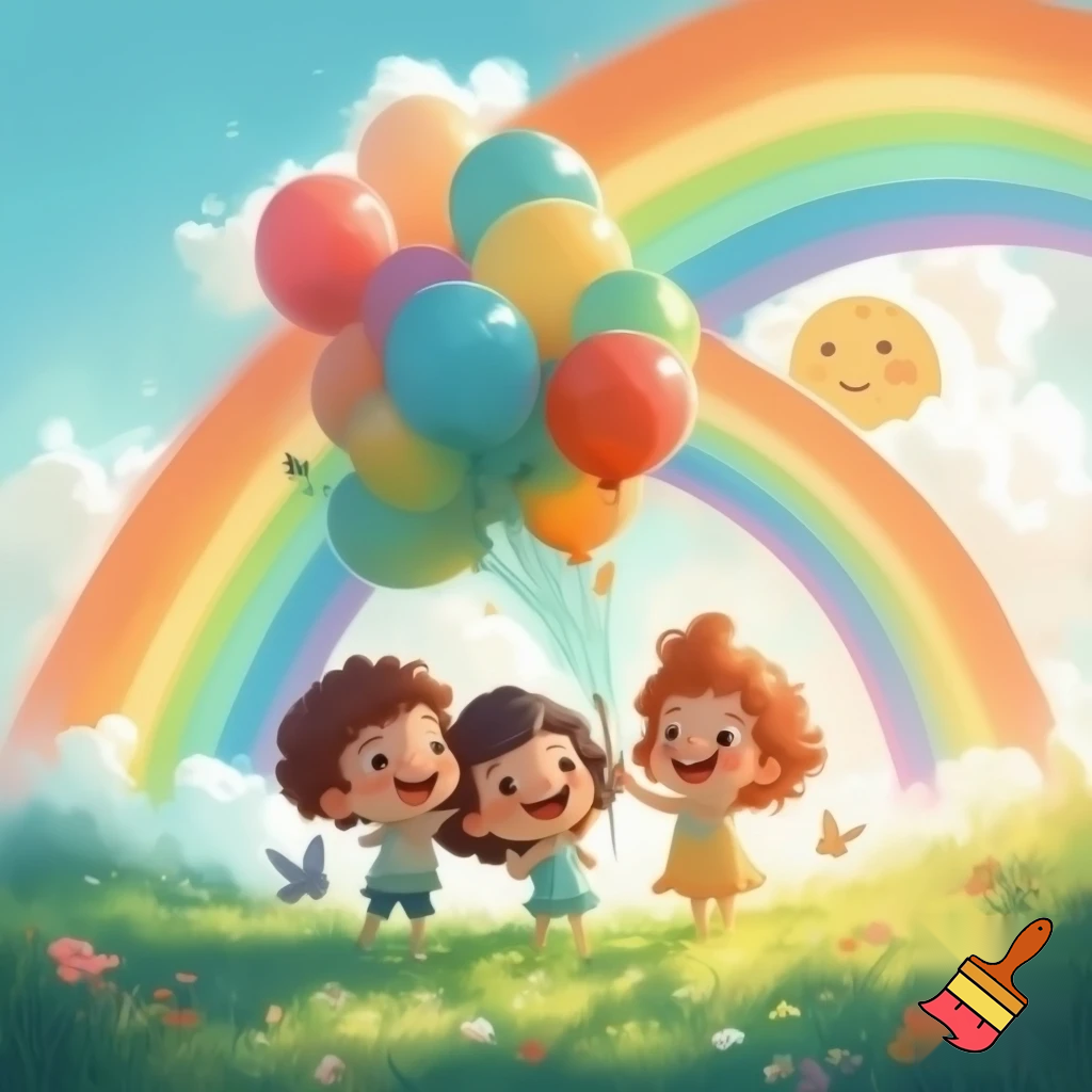 “Children Holding Balloons Under a Rainbow”

Theme: Happiness & friendship
What to draw:

Two or three smiling children standing on grass, holding colorful balloons.

A big rainbow arch in the background with a bright sun and clouds.

Add a few butterflies or flowers near their feet.
