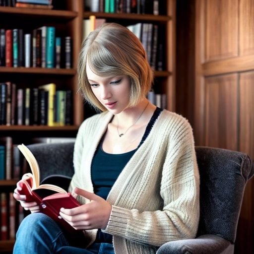 Generate an image of taylor swift reading a book in a cosy armchair in a small reading area with panelled wood bookshelves behind her. She is wearing the a cardigan and her hair is messy.