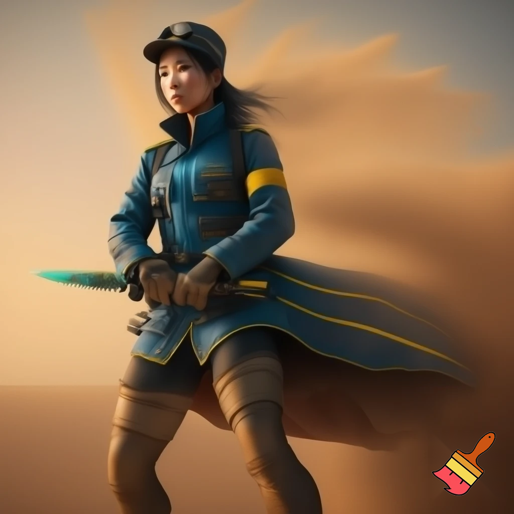 A detailed, cinematic portrait of an Asian female Lighthouse Explorer Commander standing in a desert landscape within the Ether. She wears the official Explorer uniform for a group leader: a deep blue travel coat with yellow accents along the seams and straps, slightly worn and dusted with sand, flowing dramatically in the wind. Her coat has multiple functional pockets for maps, runes, and tools, reinforced tactical straps, and a high collar. She wears a patrol cap with sand-protected goggles resting on top, and tall knee-high combat boots, slightly scratched from long expeditions.

Her expression is focused and determined, eyes sharp and scanning the horizon. She has faint bruises and scratches on her face, showing signs of recent battles, but maintains a calm, commanding presence. On her arm, she wears a yellow leadership armband, symbolizing her rank. Her hands rest confidently on a hybrid lantern-sword, a unique weapon combining Ether energy and physical blade, glowing faintly with runes.

The coat’s inner lining glows subtly with Ether runes, reflecting her connection to dimensional energy. The belt has additional attachments: a small splinter of Scarlet Stone, hooks for tools, and a sheath for her short runic dagger. Her stance is dynamic yet authoritative, weight balanced for combat or quick movement. The desert wind stirs her hair and coat, sending sand particles into the air, highlighted by warm sunlight and soft atmospheric haze.

Style: hyper-detailed, realistic anime-inspired, cinematic lighting, expressive facial features, intricate clothing textures, glowing subtle magical effects, functional tactical gear, dynamic composition, soft ambient particles around her, heroic and commanding aura.”**