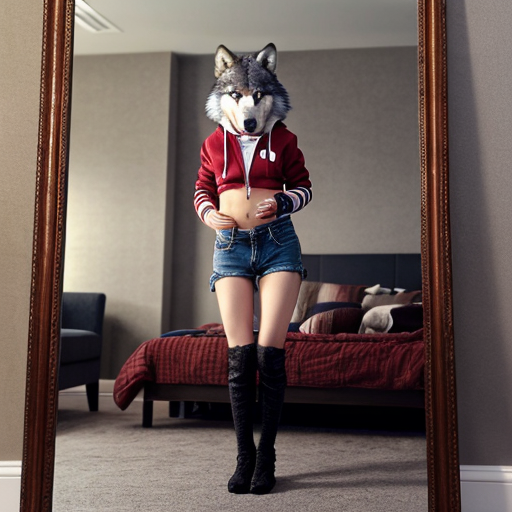Wolf on 2 legs with cute cloths next to a mirror female