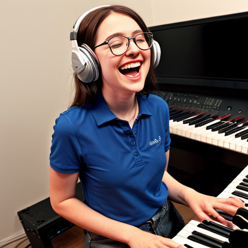 A glasses-wearing barefoot woman (somewhere between her 20s or 30s) with headphones (on her ears, not around her neck), a short-sleeve blue shirt (just a shirt, not a polo, and no branding on that), and very short black Adidas-brand shorts, she is tickling the ivories of a synth (both hands on the keys), there's also a mic, its stand is in front of her synth, the mic is pointing to her mouth, however, she doesn't sing to it for her mouth is closed.

