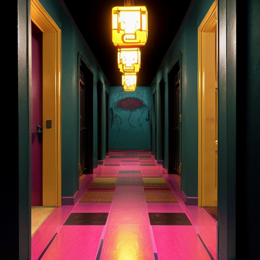 Hyper-realistic, symmetrical deep perspective photograph of a vintage hotel corridor. Saturated magenta-pink floor and cyan-blue walls define the color palette. A row of numbered six-panel doors recedes into the distance. At the far end, centered under a warm golden-yellow lantern fixture, stands a lone, emaciated, monstrous humanoid with pale, mummified features. Crucially, massive, grotesque, dark shadows of multiple-limbed monstrous forms are projected onto the foreground walls on both sides, creating an oppressive atmosphere. Textures are detailed, and the lighting is dramatic and cinematic.
