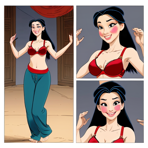 90's disney's 2d aladdin style comic dark blue background and panels of panel 1 Pocahontas barefoot with brown harem pants and bra with both hand palms place together and hiding the bottom of her mouth with a brown veil wrapped around her arms and attached to her head. 
panel 2 she danced with brown harem pants barefoot with brown bra and brown veil wrapped around her arms and shoulders and raising legs and panel 3 Pocahontas barefoot with brown harem pants and bra just bounced up and down her belly  and shook her hips left and right. 
panel 4 as Pocahontas barefoot with brown harem pants and bra spreading her arms, happily revealing her face to the viewer and giving a smile as she turns around shook her butt left and right. 
Panel 5 Pocahontas barefoot with brown harem pants and bra started to fading away , except her belly, which is bouncing around. 
Panel 6 then the ball transforms into the fading in belly of mulan  with red harem pants and red bra and red curved slippers with a  red veil wrapped around her arms and shoulders with her swaying her hips. 
Panel 7 mulan with red harem pants, red bra and red curved slippers and with a red veil wrapped around her arms and shoulders and with her hand palms place together between her chest and she gives a smile and winking her left eye.
