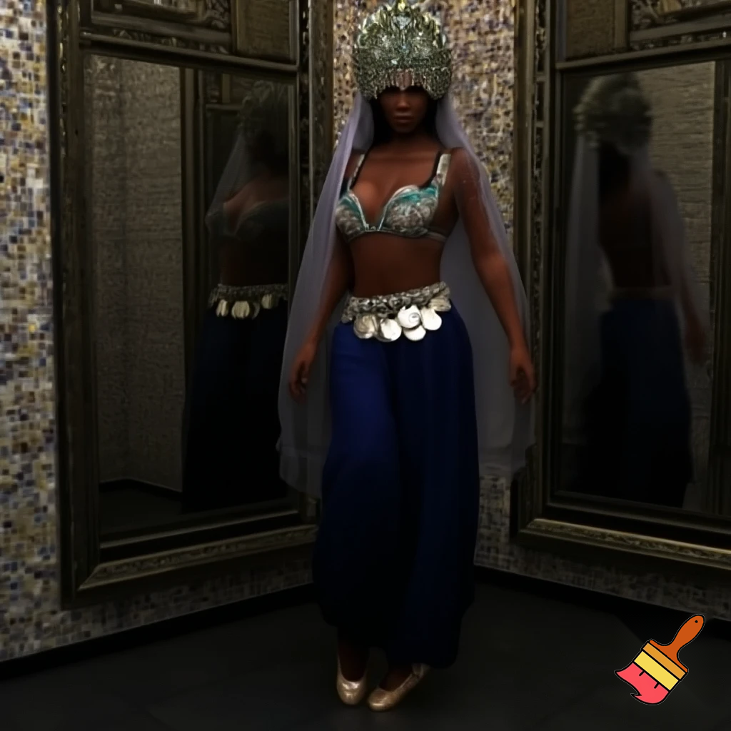 Attractive Moroccan woman with dark skin wearing a headpiece, a veil, ornate cuffs, a bejeweled bra, a coin belt, harem pants and ballroom dance shoes in a restroom  