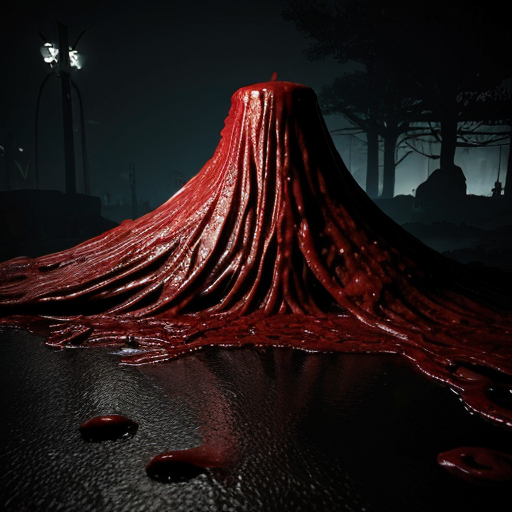 Photorealistic horror scene, cinematic masterpiece, 8k ultra-detailed photograph. A massive grotesque hanging structure dominates the frame: a giant inverted demonic skull fused with bloody, dripping organic flesh and viscera, suspended from a thick, twisted, fleshy organic chain or tentacle that disappears into the dark foggy sky above. The skull has glowing red eyes, sharp teeth, and is covered in raw muscle tissue and sinew. Thick streams of realistic blood and gore drip heavily from the entire structure. Below it, a large altar-like mound covered in flowing, draped, wet red organic tissue resembling flesh and fabric mixed together. The ground is completely covered in a chaotic sea of writhing, intertwined bloody tentacles, veins, raw flesh, and piles of human skulls and corpses. Dense blood-red fog and mist in the air. Two small glowing red lights visible in the distant background. Dark, hellish atmosphere with strong red lighting casting dramatic shadows and highlights on the wet, glistening surfaces. Hyper-realistic textures on blood, flesh, bone, and organic materials, sharp focus, volumetric god rays, gritty disturbing mood, photorealistic, national geographic level realism, no censorship