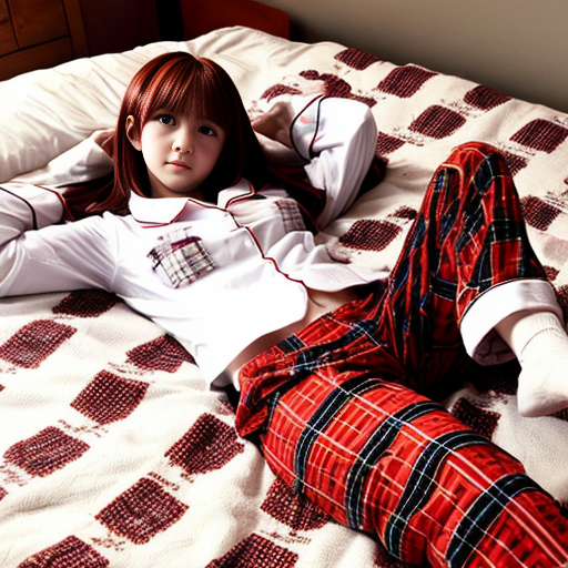 a anime girl
 with red plaid red pajama pants and white shirt laying on her stomach. where you can see her legs


