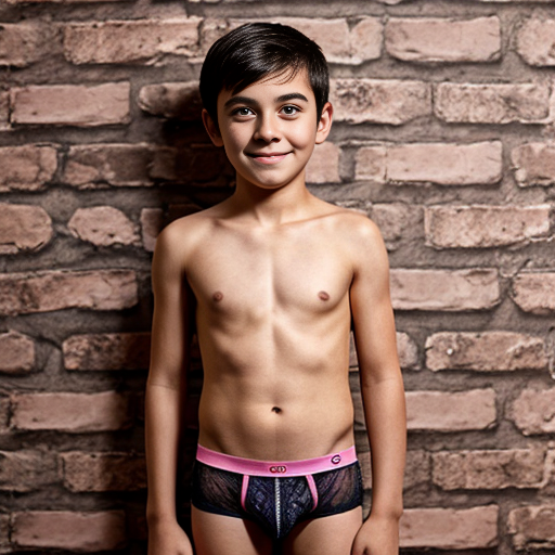 A visibly embarrassed ten year old boy stands outdoors in front of a brick wall in his pink briefs underwear. He is black. 