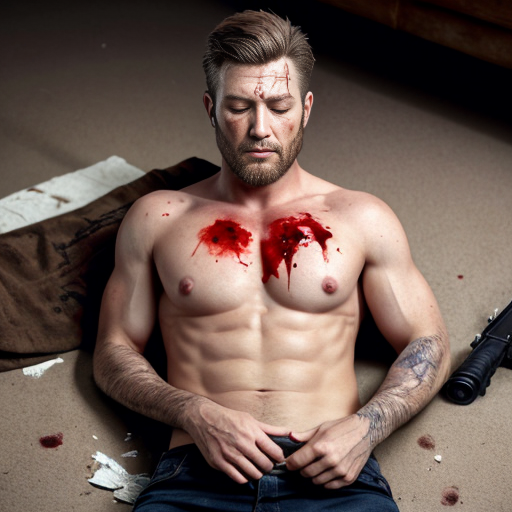 shirtless random man (neighbor, not everyone has 6 pack.), face are hiding by shirt, dead already (due shotgun), chest are open wounded circle, blood everywhere, gibs everywhere, ribs are broke in chest, eye closed, floor (on random place like empty place) on corpse body, lying down on floor.