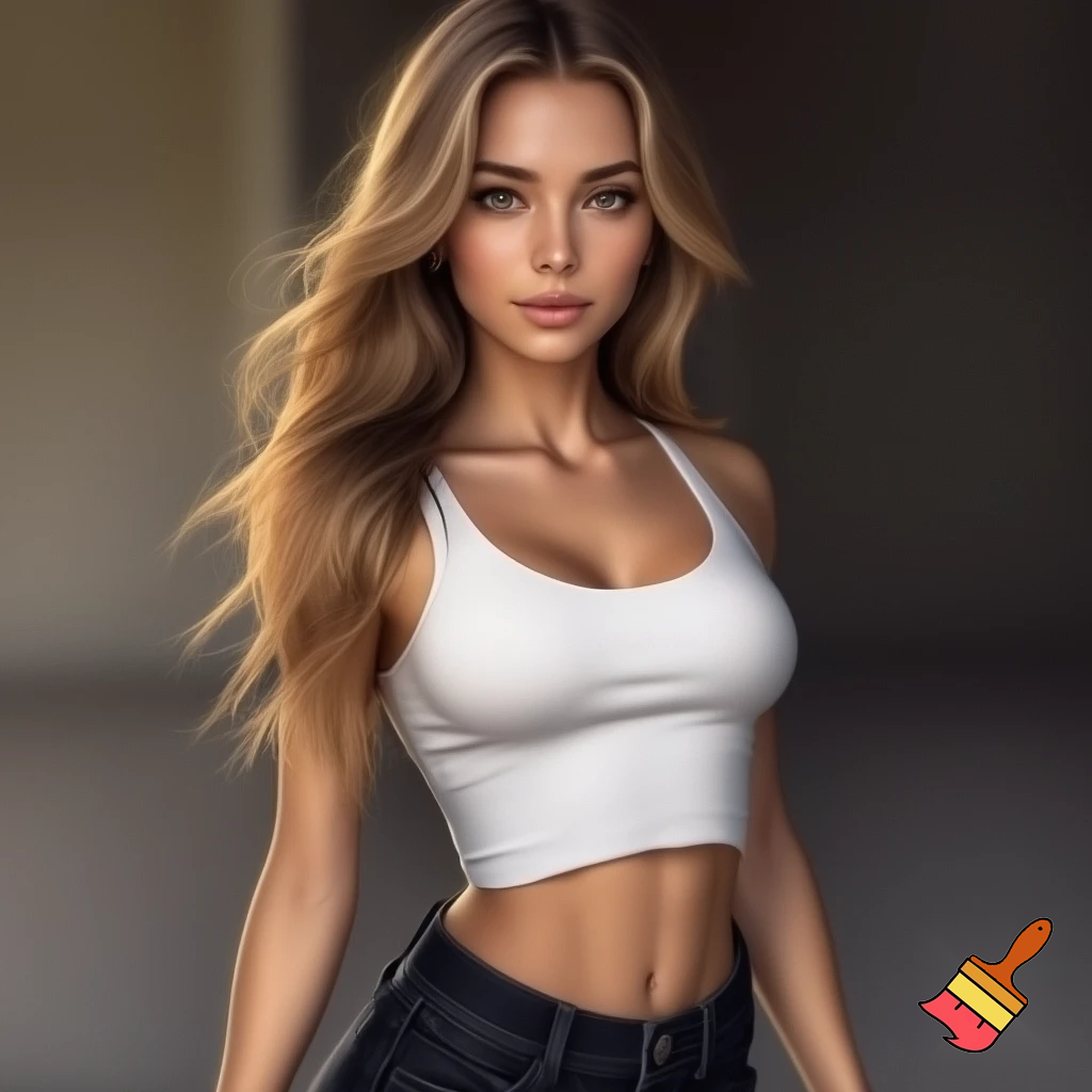 Photorealistic portrait of a blonde woman, approximately 22 years old, with long legs and athletic figure. She has long, naturally flowing dark blonde hair, oval face, almond-shaped haselnut brown eyes, average eye spacing, slim straight nose, naturally full lips, soft facial features, harmonious proportion, big boobies and delicate, harmonious facial features. Her overall presence is confident, natural, and modern.  Natural daylight. white croptop, black jeans.